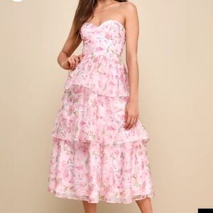 Pristine Cutie Light Pink Floral Organza Bustier Midi Dress